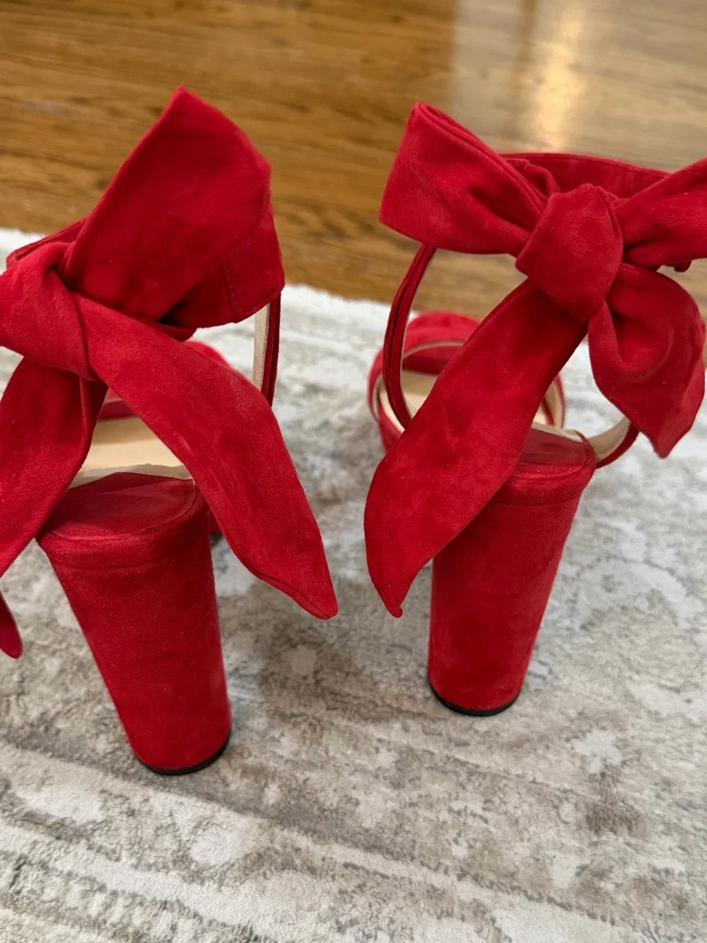 Jimmy Choo Red Soft Suede Kaytrin 120,5 inch Platform Block Heels with Ankle Bow